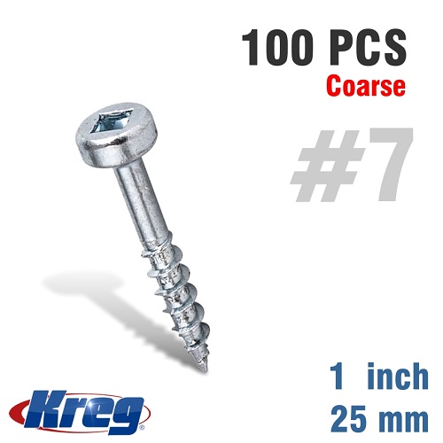 Kreg 100Pk Zinc Pocket-Hole Screws 25mm #7 Coarse Pan Head | SPS-C1-100-INT
