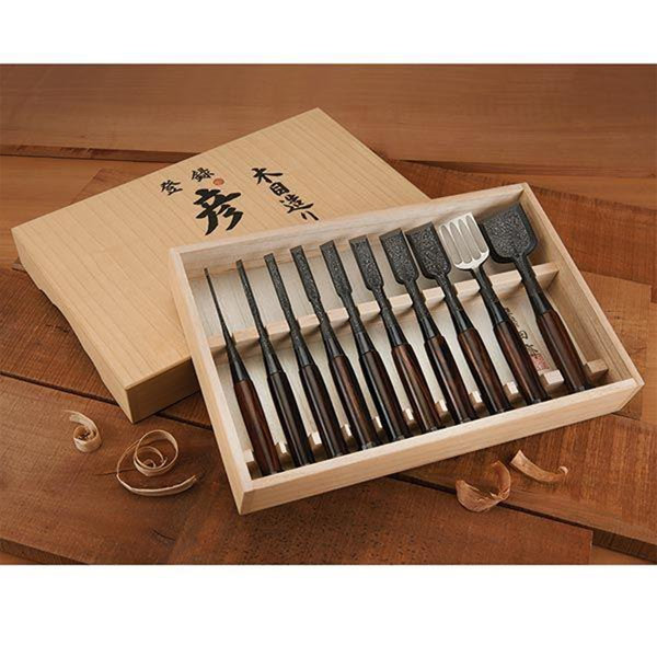 Tasai Damascus Pattern Blue Steel Multi-Hollow Back Chisel Set with Ebony Handles in Signed Box