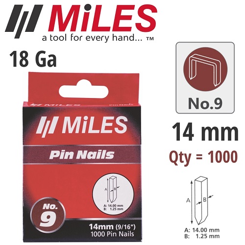 Miles 1000Pcs Galv Headless Pin 18Ga 14mm #9