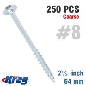 Kreg Zinc Pocket Hole Screws 64mm 2.50" #8 Coarse Thread MX LOC 250Ct (SML-C250-250-INT)