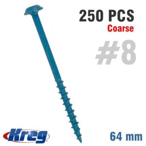 Kreg Blue Kote Pocket Hole Screws 64mm 2.50" #8 Coarse Thread MX LOC 250Ct (SML-C250B-250-INT)