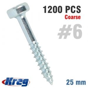 Kreg Zinc Pocket Hole Screws 25mm 1.00" #6 Fine Thread Pan Head 1200Ct (SPS-F1-1200-INT)
