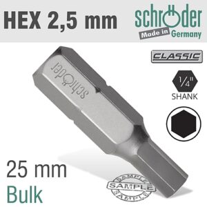Schroder HEX 2.5mm x 25mm Insert Bit (Bulk) | SC20629