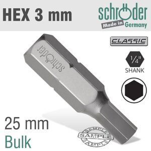 Schroder HEX 3mm x 25mm Insert Bit (Bulk) | SC20639