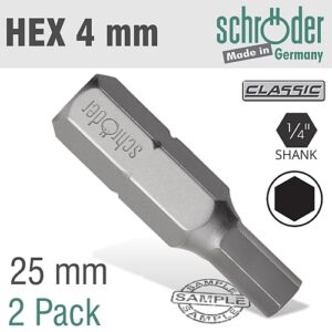 Schroder 2/Pk HEX 4mm x 25mm Insert Bit | SC20642