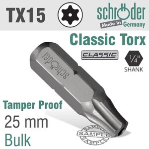 Schroder TORX Tamper Proof TX15 x 25mm Insert Bit (Bulk) | SC21859