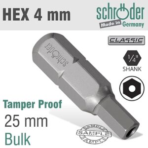 Schroder HEX Security 4mm x 25mm Insert Bit (Bulk) | SC25170