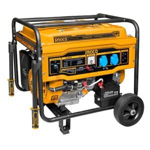 Ingco Gasoline Generator Recoil + Electric Start 5500W | GE55003 Available Information DESCRIPTION 5.5KW GASOLINE GENERATOR Rated frequency: 50Hz Max.output: 5.5kW Rated output: 5.0kW Rated speed: 3000rpm Engine: 4 stroke, OHV Displacement: 389ml Cooling system: Air-cooled Ignition system: T.C.I Starting system: Recoil + Electric Copper wire alternator Fuel tank: 25L Dry weight: 77Kg INCLUDES: 1 Set Auxiliary handle and wheels