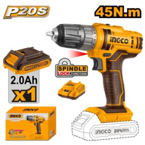 Ingco P20S 20V Cordless Drill Kit 45Nm, 1 x 2.0Ah Batt. Pk. | CDLI200518