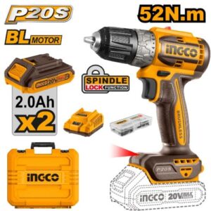 Ingco P20S 20V Cordless Brushless Drill Kit 52Nm, 2 x 2.0Ah Batt. Pk. | CDLI20453