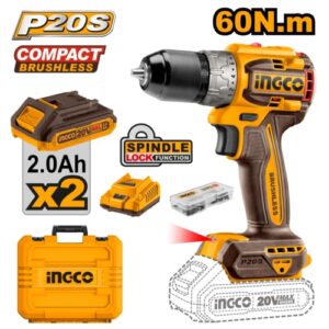 Ingco P20S 20V Cordless Brushless Drill Kit 60Nm, 2 x 2.0Ah Batt. Pk. | CDLI20602