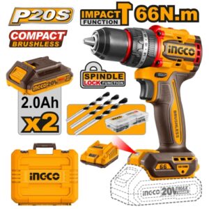 Ingco 20V Cordless Brushless Impact Drill Kit 66Nm, 2 x 2.0Ah Batt. Pk. | CIDLI20668