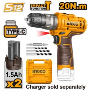 Ingco S12 12V Cordless Impact Drill 20Nm, 2 x 1.5Ah Batt. Pk. | CIDLI12202