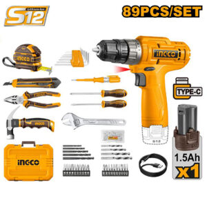 Ingco S12 12V Cordless Drill 20Nm, 1 x 1.5Ah Batt. Pk. + 89Pc Household Tool Set | HKTHP10891